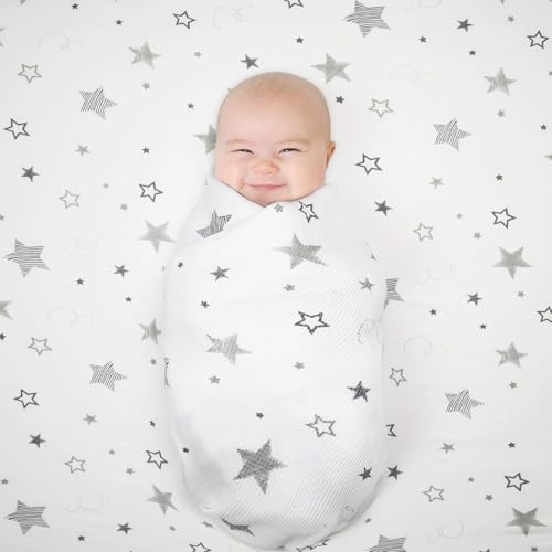 Image of American Baby Company 100% Natural Cotton Fitted Pack and Play Sheet 39 inch x 27 inch - Soft & Breathable Pack N Play Sheet for Playpen, Playard & Mini Crib Mattress, Super Stars, for Boys & Girls