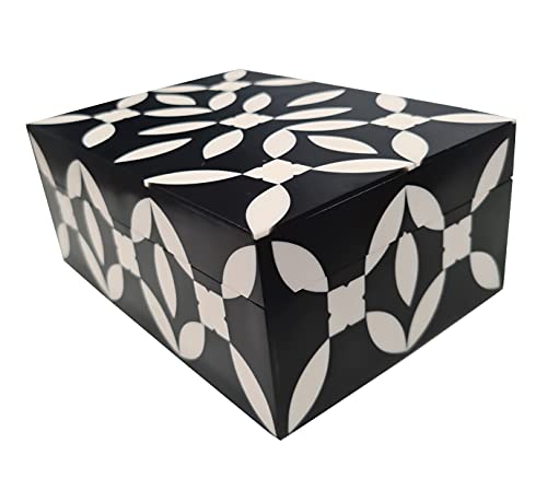 Collectiblesbuy Handmade Natural Bone Inlay Decorative Jewelry & Storage Box Floral Design - Black & White #TOP1