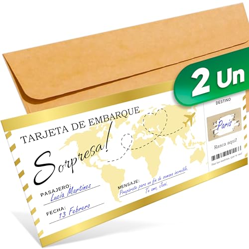 Cheerset - Presente de viagem surpresa - cartão de viagem surpresa - cartão raspado presentes para viajantes cartão embarque personalizável - presente casal, presente romântico (2 unidades, espanhol)