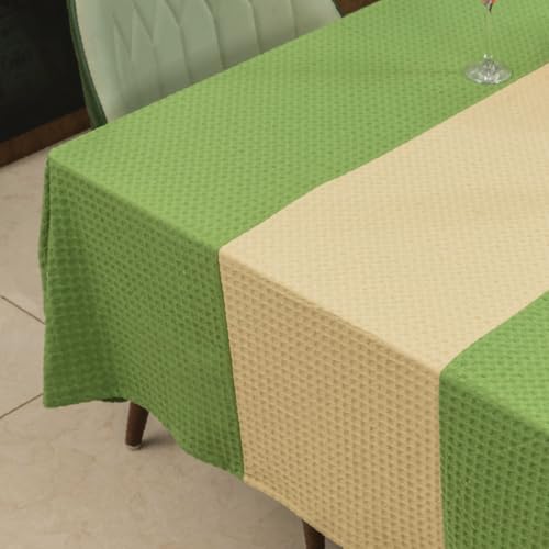 Image of Urban Space 100% Cotton Waffle Weave Dining Table Cover for 6 Seater, Table Cloth with Panelled Design, 6 Seater Cotton Table Cover for Center Table (Sage Green & Beige, 6 Seater, 48 inch x 92 inch)