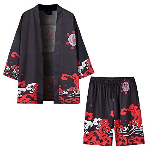Image of PRIJOUHE Mens Kimono Set Japanese Haori & Shorts 2 Piece Summer Outfits