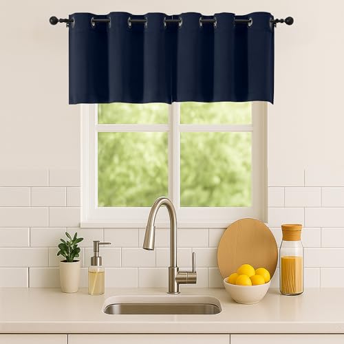 Image of Simplebrand Navy Blue Kitchen Valances for Windows 18 Inches Long 2 Pack, Room Darkening Window Valances for Living Room, Grommet Short Straight Drape Kitchen Curtains for Bedroom Kids Room, 40Wx18L