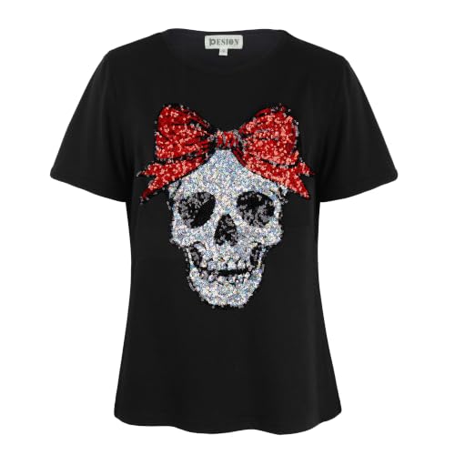 Image of PESION Womens Short Sleeve T-Shirt Sequined Tops O-Neck Funny Graphic Tees Blouse