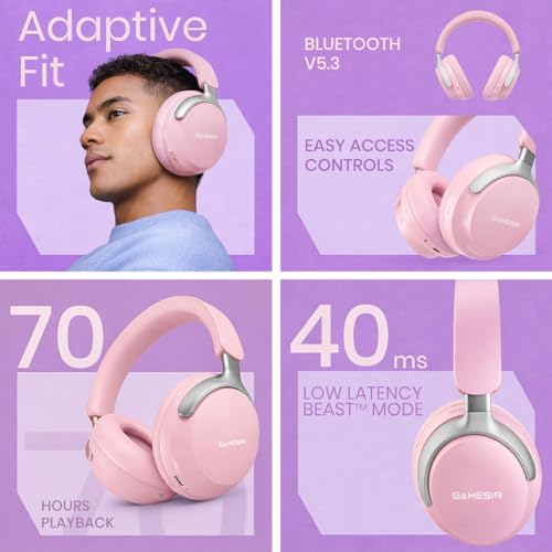 Image of GameSir Bass Wireless Headphones with Bluetooth 5.3, 40mm Drivers, Deep Bass Stereo Sound, Over-Ear Noise Isolation Headset with LED Light, Built-in Mic for PC, Mobile & Laptop (Pink)