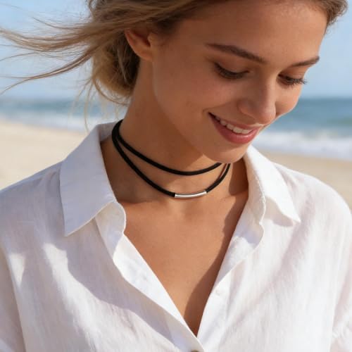Inateannal Boho Geschichtet Leder Halsband Halskette Schwarz Leder Seil Halskette Silber Bar Halsband Halskettes Kurz Wildleder Schnur Kette Schmuck Für Frauen