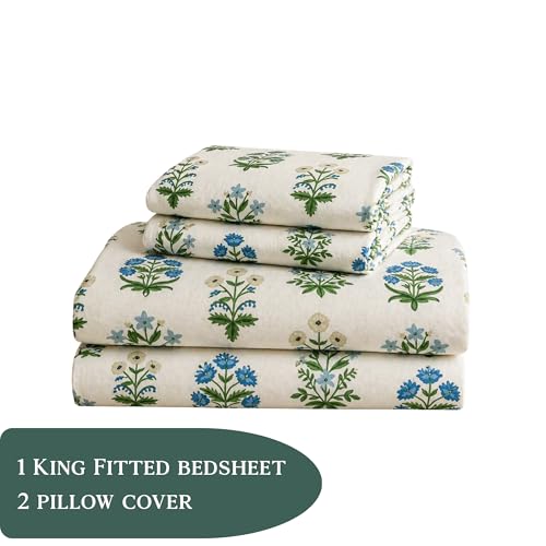 Image of THEA King Elastic Fitted Double Bedsheet Set| 100% Cotton Like Soft Fabric | Microfiber King Elastic Double Bedsheet for King Size Bed (72 X 78 x 10 inches) with 2 Pillow covers,Boota Floral