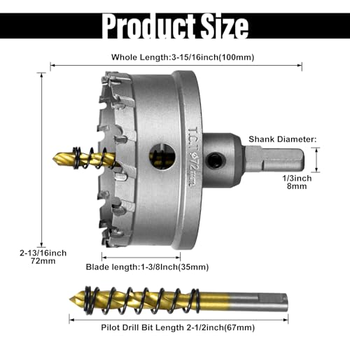 Image of SALI 2-13 /16 inch(72mm) TCT Hole Saw Kit Tungsten Carbide Tipped Hole Saw Drill Bit with Titanium-Plated Pilot Drill bit for Metal, Stainless Steel, Iron, Wood, Plastic