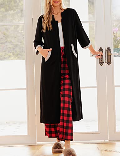 Ekouaer Women Zipper Robe 3/4 Sleeves Loungewear Dress Full Length Sleepwear Pockets Housecoat Nightgown Long Bathrobe3