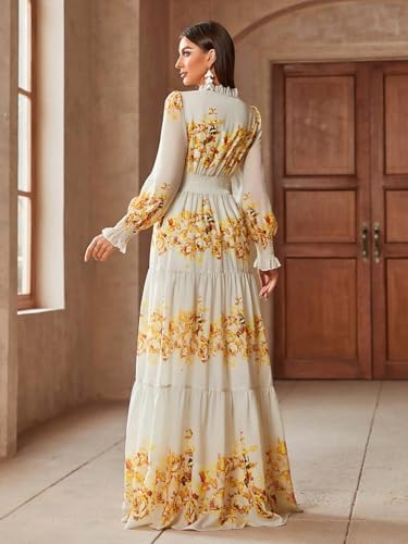 Image of TOLEEN Summer Casual Dresses for Women 2024 Spring Fashion Boho V Neck Long Sleeve Ruffle Floral Print Elegant Maxi Dress