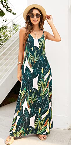 Image of Supnier Women's Summer Maxi Dress Casual V-Neck Sleeveless Bohemian Spaghetti Strap Floral Long Maxi Dress with Pockets