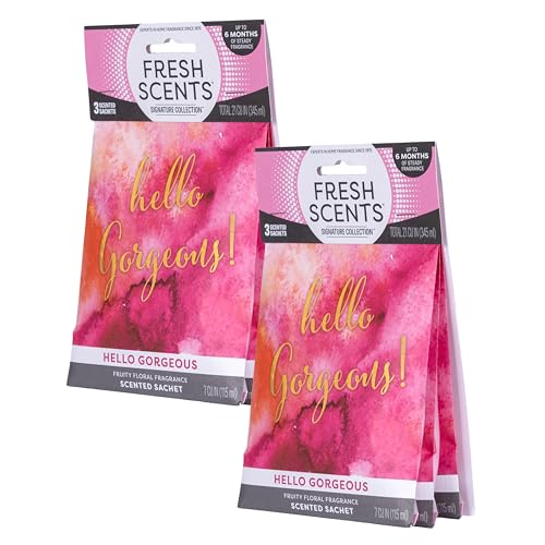 Fresh Scents Scented Sachets | Hello Gorgeous | Home Fragrance | Long Lasting (Up to 6 Months) | Air Freshener for Closets, Drawers, & Cars | 6 Pack