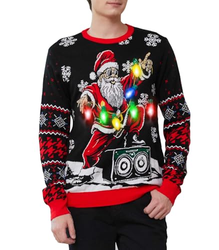Ugly Christmas Sweater Men Light Up Santa Claus Funny Knitted Xmas Pullover Sweatshirt Crew Neck with Lights Gifts for Holiday Christmas Party