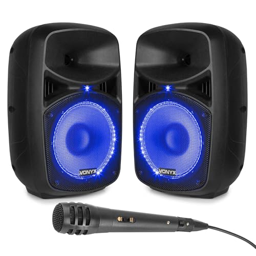 Vonyx VPS082A – Sistema de Sonido Activo 400W con 2 Altavoces 8”, Bluetooth, USB, SD, micrófono, Cable RCA a Jack 2.5m, LED rítmicos y Mando, Altavoz portátil para Karaoke, Color Negro