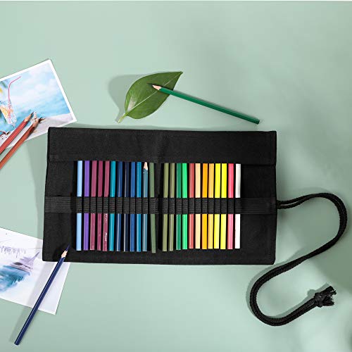 Image of Canvas Roll up Pencil Pen Holder Case, 48 Slots Large Capacity Artist Paint Brushes Organize Pouch (Black)