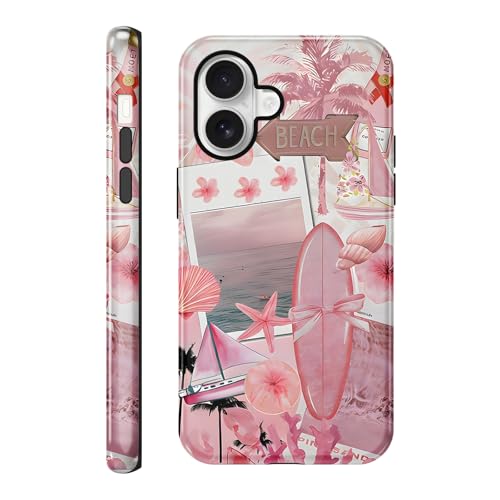 RUMDEY Cute Pink Summer Beach Surfing Collage Phone Case for iPhone 17 6.3'', Coastal Seashells Floral Aesthetic Design Phone Cover Double Shockproof Anti Scratch Protective Case for Women Girls