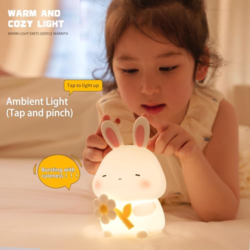 Image of Led Cute Flower Bunny Night Light, Dimmable Timer Kawaii Lamps, Super Squishy Silicone USB Rechargeable Touch Control Night Lamp, Used for Camping Party Room Decor (Bunny with Flower)