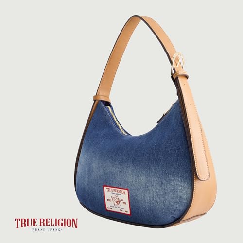 Image of True Religion Women's Shoulder Bag Purse, Medium Hobo Handbag with Front Pocket, Denim