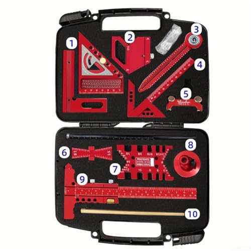 HEIBTENY Woodworking Measuring Kit Square Ruler Dovetail Scribe Center Layout Marking Tools Aluminum Alloy Multi-Purpose Carpentry Set with Storage Box Red(10pcs)