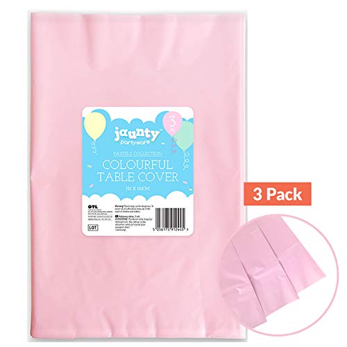 Jaunty 3pk Pink Table Cloth Party 121x121cm Plastic Cover Disposable for Parties - Heavy Duty Spill Protection - Square Opaque Design for Weddings Girls Birthday Catering Outdoor Event Gender Reveal