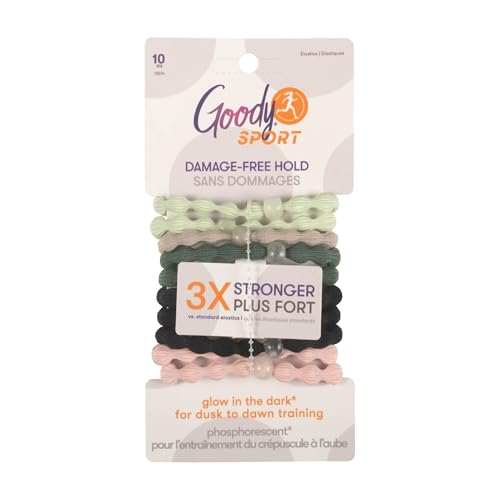 Goody Sport Forever Glow in the Dark Elastic Hair Ties - 10 Ct 5 Assorted Colors No Damage 3X Stronger Sport-Level Grip All Hair Types