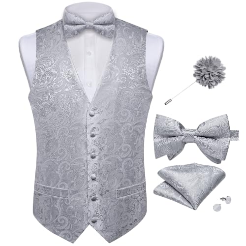 Image of DiBanGu Mens Paisley Suit Vest Bowtie Formal /Casual Dress Waistcoat | 5PCS,Vest for Men,Silk Blend,Anti-Wrinkle,Durable,Machine Wash,for Tuxedo,Wedding,Party,Prom,V-neck,2 Real Pockets