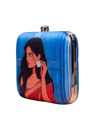 Image of Artklim Printed Box Clutch for Girls - Cross Body Purse with Detachable Golden Chain Strap