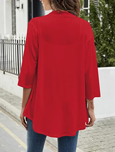 Image of Yekaty Women Cardigan 3 /4 Sleeves Open Front Lightweight Cardigan Draped Ruffles Knit Cardigan