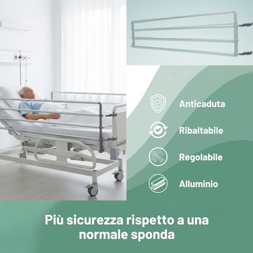 Remedia One - 2 Sponde Letto Anziani Ribaltabili Anticaduta In Acciaio, Sponda Letto Matrimoniale Per Degenza, Uso Ospedaliero E Domiciliare - 170Cm - 6