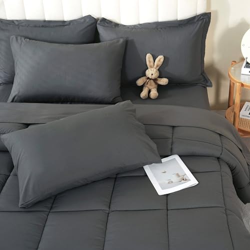 DOWNCOOL King Size Comforter Set, 7Pcs Bedding Comforter Sets Grey, All Season Down Alternative Bedding Comforter Sets with Comforter, Flat Sheet, Fitted Sheet, 2 Pillow Shams & 2 Pillowcases