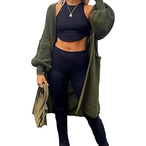 Exclusive Fashion Women Ladies Chunky Knitted Balloon Sleeve Oversized Long Cardigan Maxi Jumper Party Racer Blazer Stylish All Seasons Modern Durable Acrylic Material (8-18 UK Size, Khaki) Cover