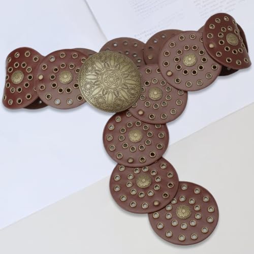 38.35 x 3.54 Inch Western Hollow Disc Belt Wide Vintage PU Leather Wasitband with Metal Buckle Boho Cowgirl Chunky Waist Belts for Women Jeans Dress Skirt (Brown)3