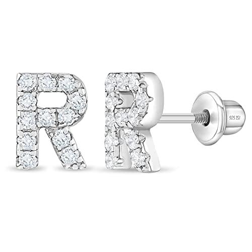 925 Sterling Silver Clear Cubic Zirconia Initial Alphabet Letter Screw Back Earrings for Young Girls and Teens - First Initial Earrings for Stylish Kids - Hypoallergenic and Safe for Sensitive Ears