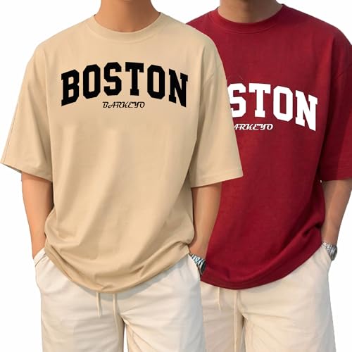 Image of BARKEYO Men's Half Sleeve Round Neck French Terry Graphic Print Oversized Tshirt for Man (Boston-ft) Pack of 2 (in, Alpha, XL, Regular, Red)