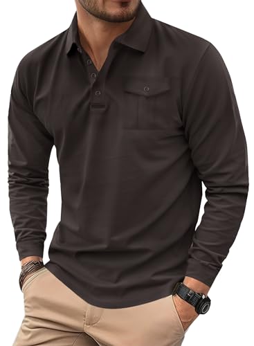 Herberton Herren Poloshirts Langarm Button-Down Baumwolle Einfarbig Tasche Arbeit Casual Klassisches Kragenhemd Kaffee M