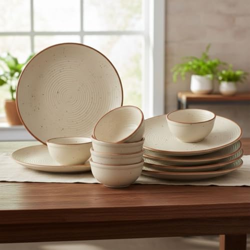 Image of Freakway Ribbed Ceramic Dinner Plates 10 Inch with Bowls Set of 12 Pieces | 6 Dinner Plates & 6 Bowl /katori | Dishwasher & Microwave Safe - Off White
