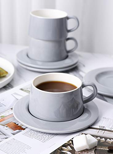 Kanwone Porcelain Stackable Cappuccino Cups with Saucers - 8 Ounce for Specialty Coffee Drinks, Cappuccino, Latte and Americano - Set of 4, Grey