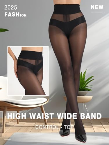 MERYLURE High Waist T-Crotch Black Tights for Women 20D Sheer T-Crotch Pantyhose Control Top Stockings 2 Pairs4