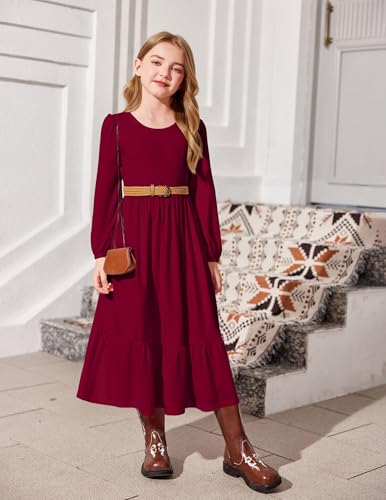 Image of Arshiner Girls Maxi Dresses Lantern Long Sleeve Casual Holiday Dress with Pockets for 5-14 Y