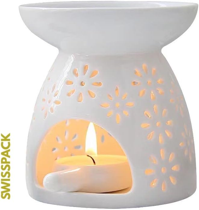 ZEEWIZZ !BIG SIZE! 9.8 x 9.8 x 11.5 cms Wax Melt Essential Oil Burner White - Star Pattern, Ceramic Aroma Burners Assorted Wax Warmer Aromatherapy Tarts Holder Candle Scented Diffuser Home Bedroom