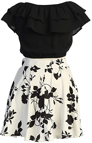 Image of Cold Shoulder Crop Top Ruffle Layered Top Flower Girl Skirt Sets for Girl