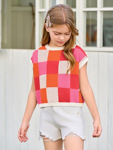 Image of Haloumoning Girls Summer Crop Tops Color Block Vest Cute Tanks Cap Sleeve Tee Loose Kids Knit Top 5-14 Years