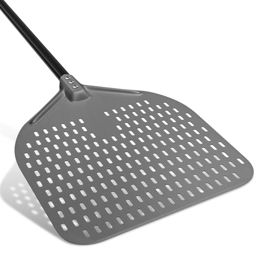 Image of G.a HOMEFAVOR 14 inch x 17 inch Perforated Pizza Peel 49 Inch overall, Rectangular Aluminum Pizza Turning Peel with Extended Silcone Handle For Baking Pizza Brick Oven