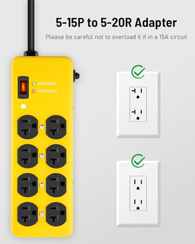 KeBen Extensión 20A Heavy Duty Power Strip Protector contra Sobretensiones, Amarillo, Calibre 12, 8 tomas, 10 pies miniatura 4