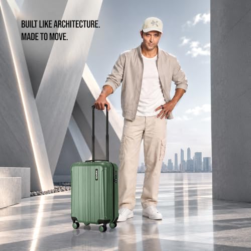 Image of HRX Force Cabin Size Dark Green Polycarbonate Hard Shell Suitcase - Premium Travel Trolley Bag with 8 Spinner Wheels, Number Lock & Water Resistant Body