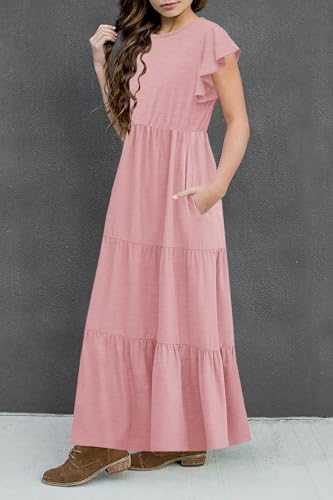 HOSIKA Girls Summer Casual Ruffle Short Sleeve Crewneck Aline Flowy Tiered Beach Maxi Sundress with Pockets for 6-12 Y4