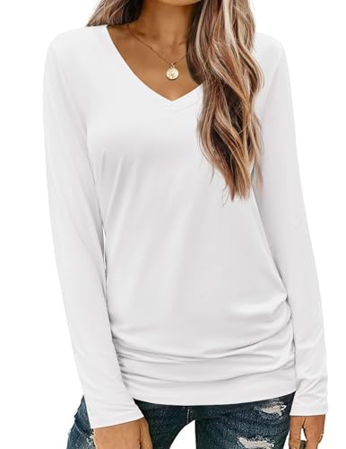 Image of Zeagoo Womens T Shirts Long Sleeve V Neck Basic Tee Casual Loose Fit Soft Fall Tops Outfits 2025 White L