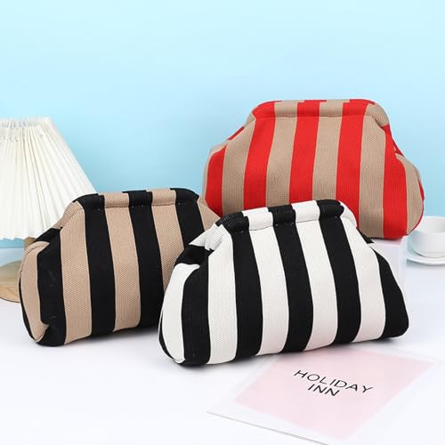 CXINLky Sommer Strand Clutch Damen, Gestrickt Gestreift Kontrastfarbe Handtaschen Klein Clutch Gewebte Tasche für Sommerstrände, Shopping, Reisen-Rosa/Orange
