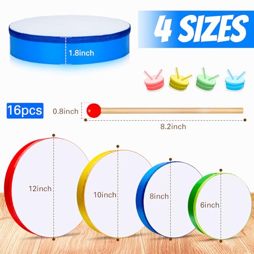 Konohan 16 Pieces Kids Hand Drums Wooden Frame Drum with Percussion Stick, 12 Inch 10 Inch 8\" 6\" Educational Musical Instruments for Adults Beginners for Home School Party Supplies(Colorful)