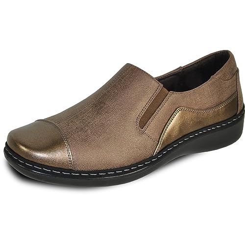 kozi Women Comfortable Casual Slip-On Loafer Shoe and Mary Jane Shoe with Round Toe or Square Cap Toe Black Bronze Pewter