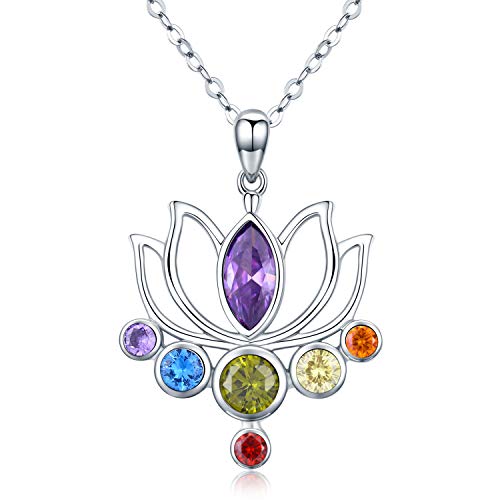 925 Sterling Silver 7 Chakra Necklace Healing Crystal Lotus Flower Pendant Necklace Jewelry Thanksgiving Christmas Stocking Stuffers Mother Birthday Mom Gifts for Women,Mom,Wife,Yoga Lover